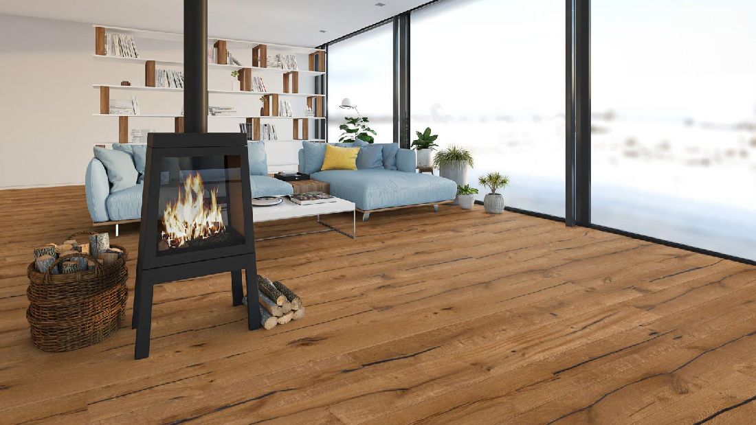 Skaben Parkett Bremen Antique Eiche Rustikal, antik markant gebürstet, schwarze Längsrisse, geölt Landhausdiele 4mm 4VM Raum8