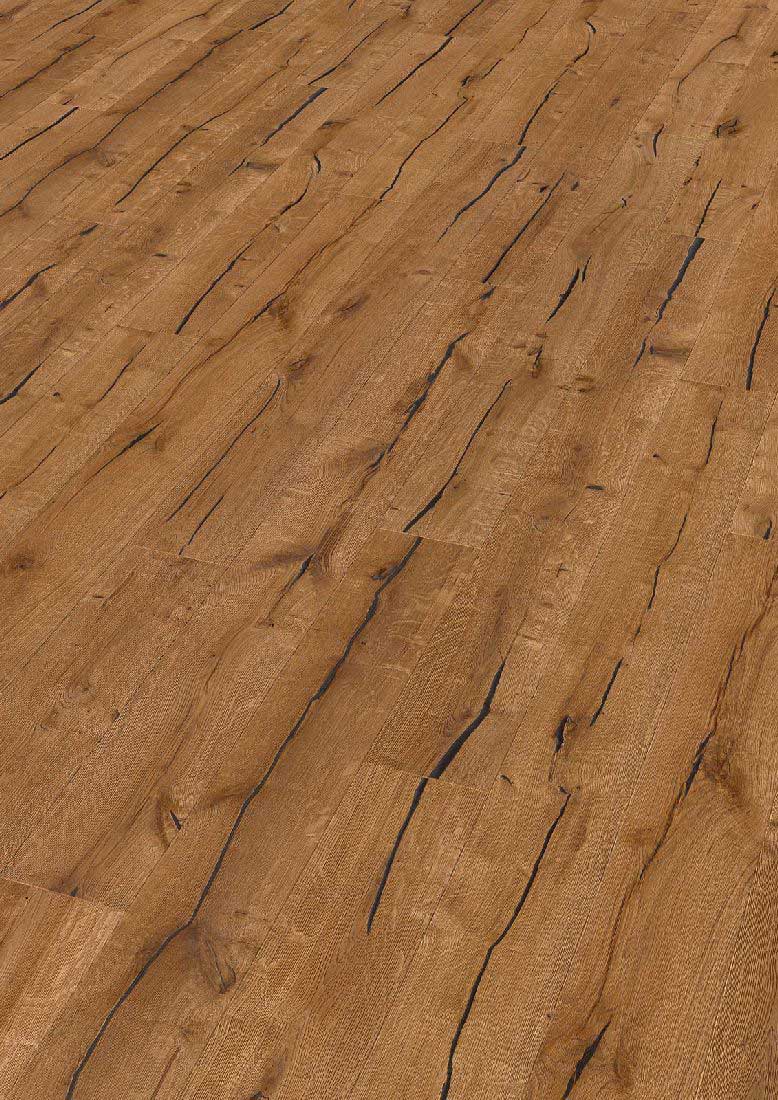 Skaben Parkett Bremen Antique Eiche Rustikal, antik markant gebürstet, schwarze Längsrisse, geölt Landhausdiele 4mm 4VM Raum1