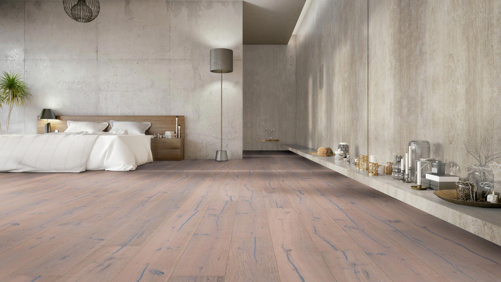 Skaben Parkett Bremen Antique Eiche Rustikal, antik markant gebürstet, schwarze Längsrisse, weiß geölt Landhausdiele 4mm 4VM Raum3