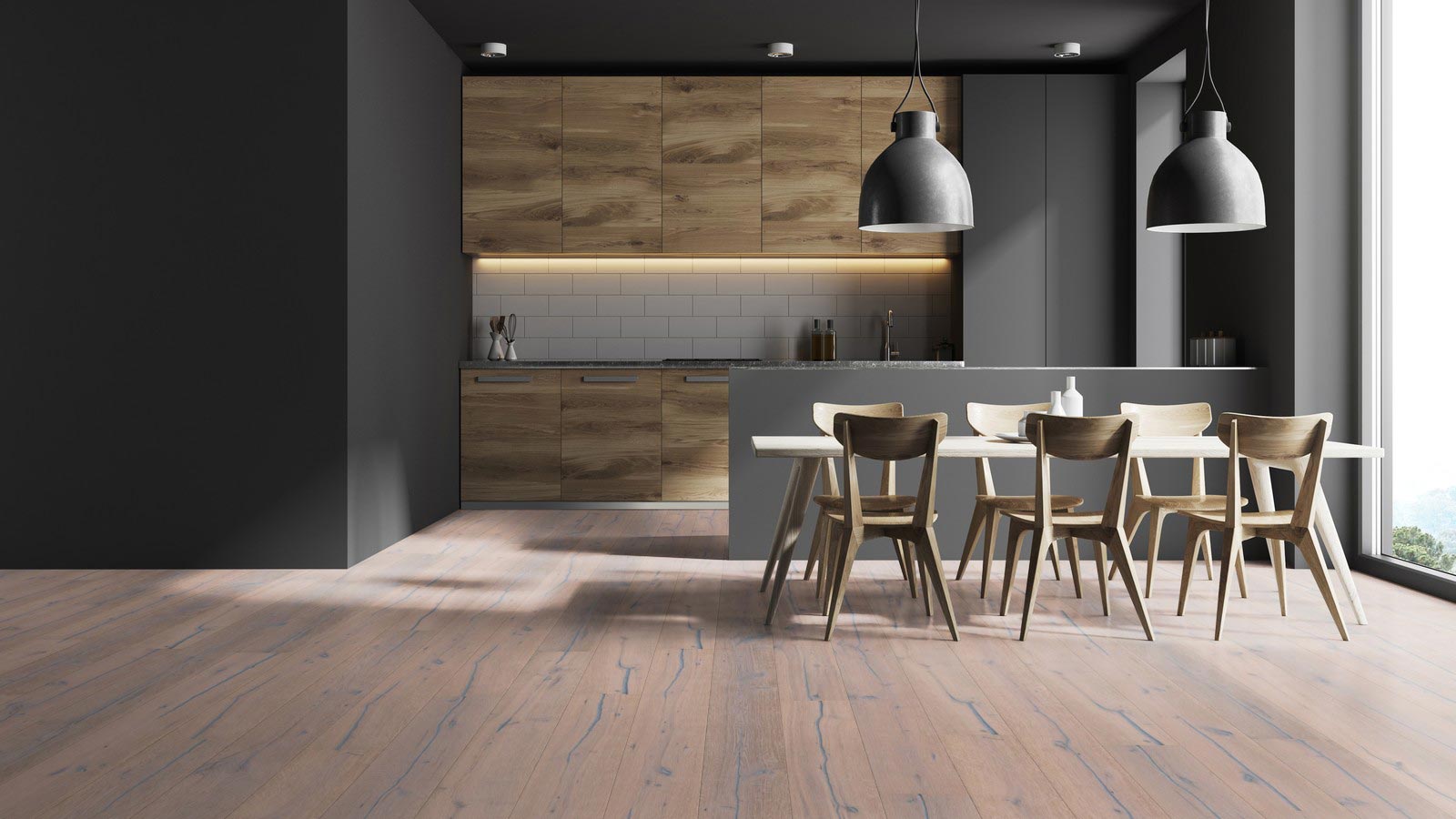 Skaben Parkett Bremen Antique Eiche Rustikal, antik markant gebürstet, schwarze Längsrisse, weiß geölt Landhausdiele 4mm 4VM Raum5