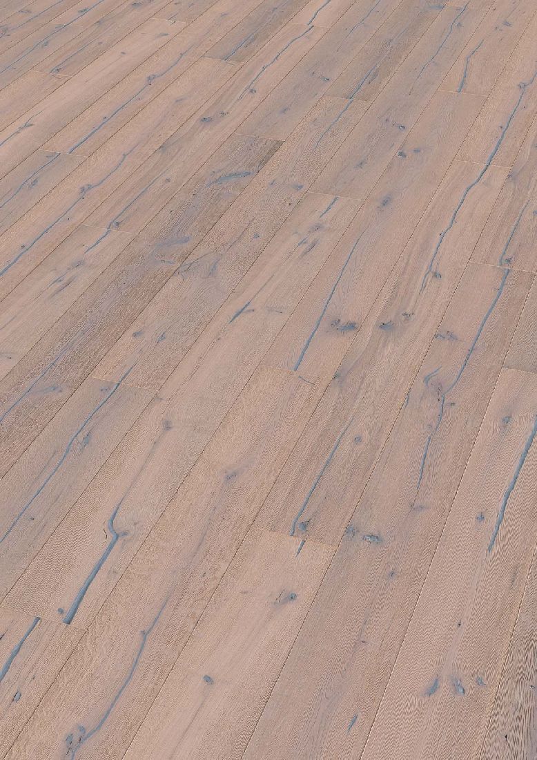 Skaben Parkett Bremen Antique Eiche Rustikal, antik markant gebürstet, schwarze Längsrisse, weiß geölt Landhausdiele 4mm 4VM Raum1