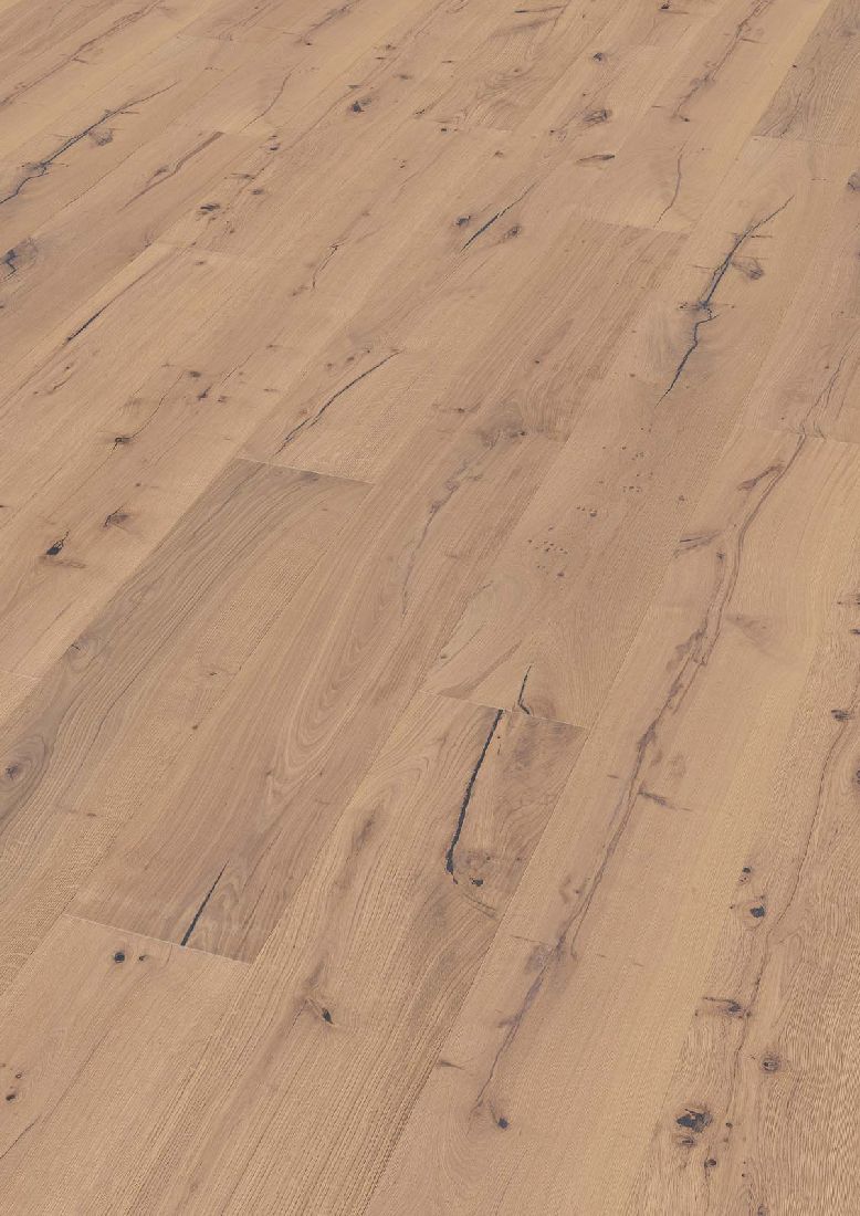 Skaben Parkett Bremen Eiche Astig gebürstet weiß geölt Landhausdiele XL 4mm 4V Raum1