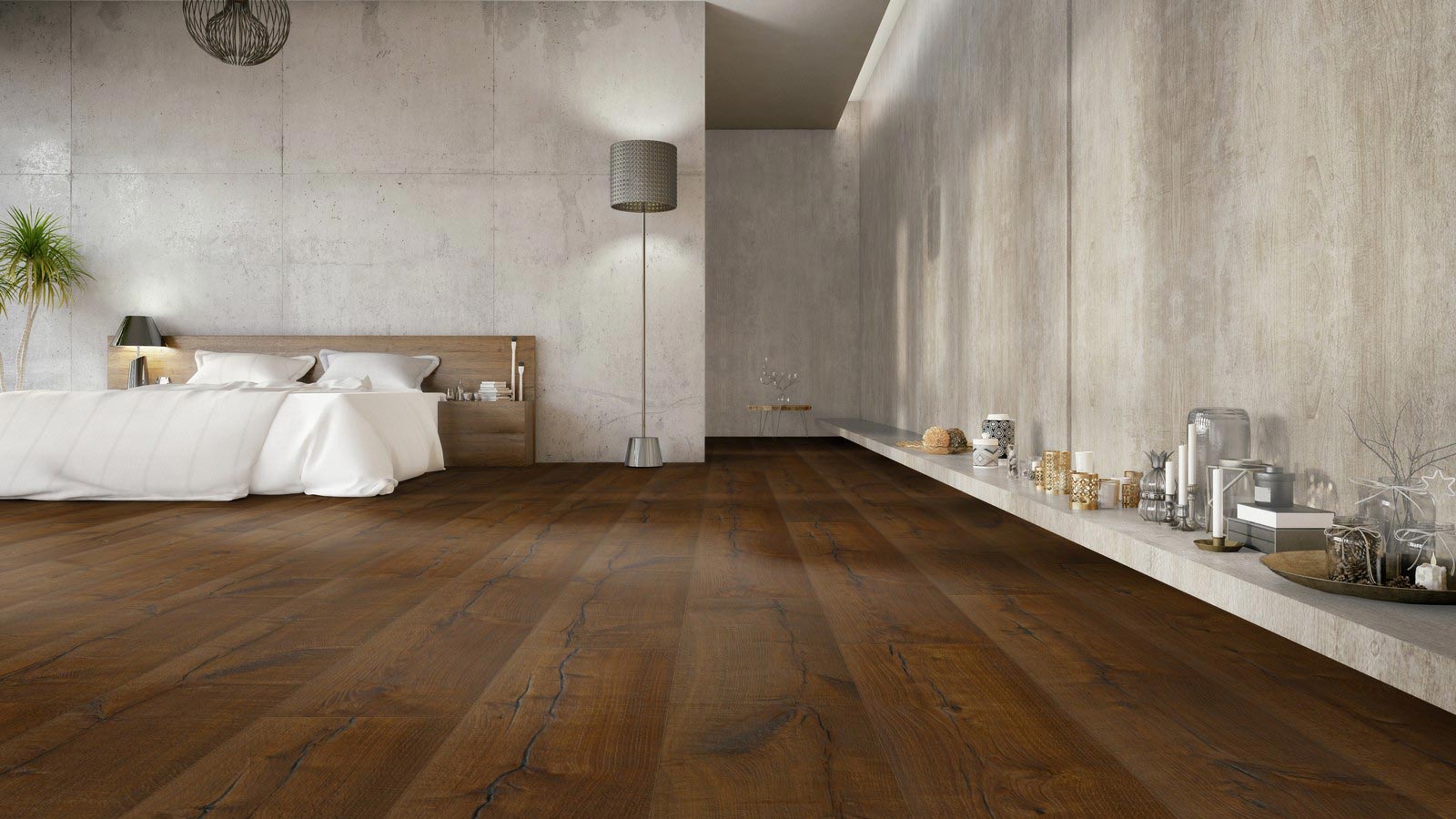 Skaben Parkett Bremen XXL Eiche Rustikal tief gebürstet, Längsrisse dunkel geräuchert, geölt Breitdiele XXL 4mm 4VM Raum3