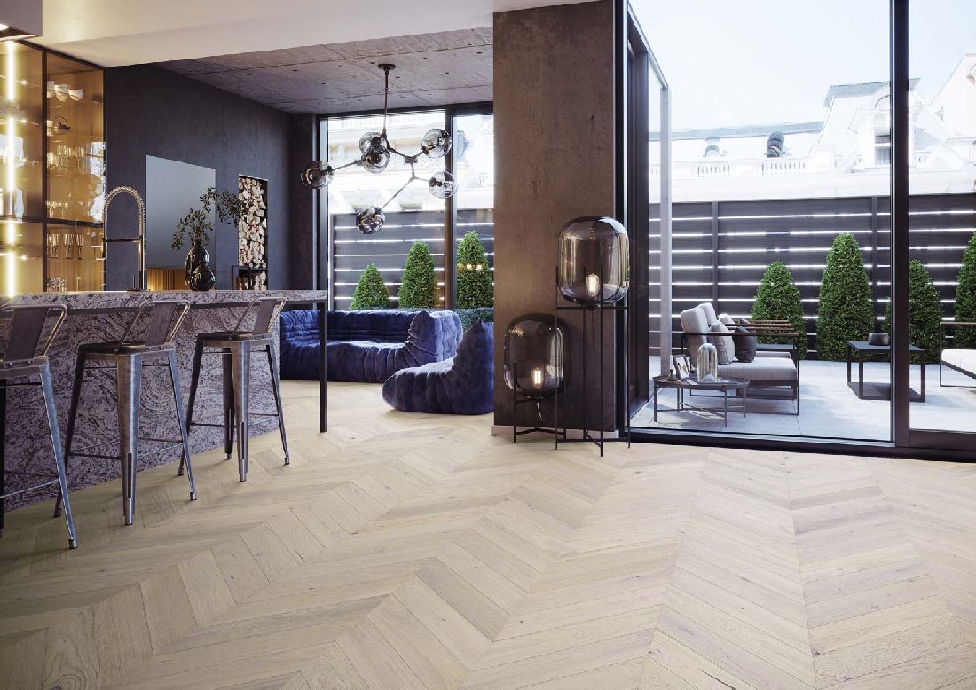 Skaben Parkett Chevron Eiche Ambience Weiß Mattlack gebürstet Landhausdiele französisches Fischgrät M4V Raum3