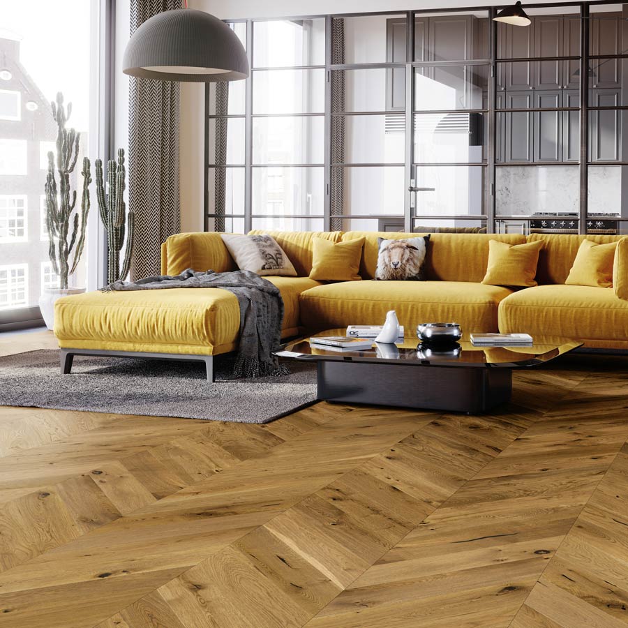 Skaben Parkett Chevron Eiche Rustic Braun Mattlack gebürstet Landhausdiele französisches Fischgrät M4V Erlebnismodus