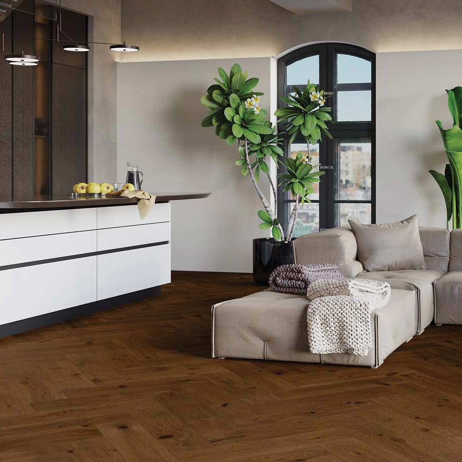 Skaben Premium Fischgrät Parkett Eiche Lively mattlackiert cognac gebürstet Landhausdiele M4V Erlebnismodus