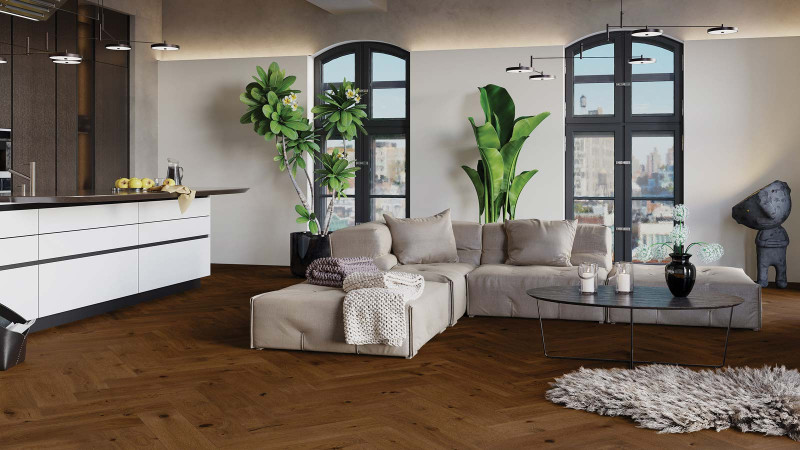Skaben Premium Parquet en espiga Roble Lively lacado mate coñac cepillado lama ancha Herringbone M4V main product photo