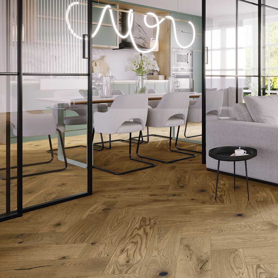 Skaben Premium Fischgrät Parkett Eiche Rustic natur geölt Optik angeräuchert gebürstet Landhausdiele M4V Erlebnismodus