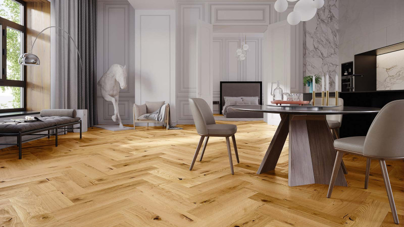 Skaben Premium Fischgrät Parkett Eiche Rustic mattlackiert gebürstet Landhausdiele Fischgrät M4V main product photo