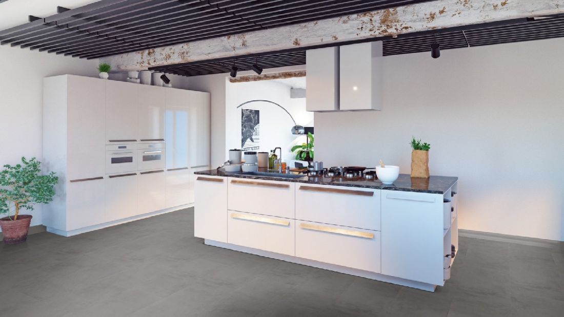 Skaben Vinyl massiv Life Lay 70 Acoustic Vintage Concrete Smoke Fliesenoptik Trittschalldämmung Raum10