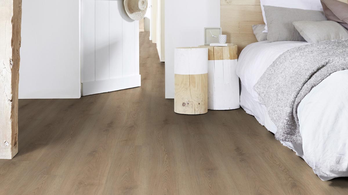 Tarkett Designboden Starfloor Click Ultimate 30 Vermont Oak Light Beige Planke M4V Akustikrücken Schlafzimmer