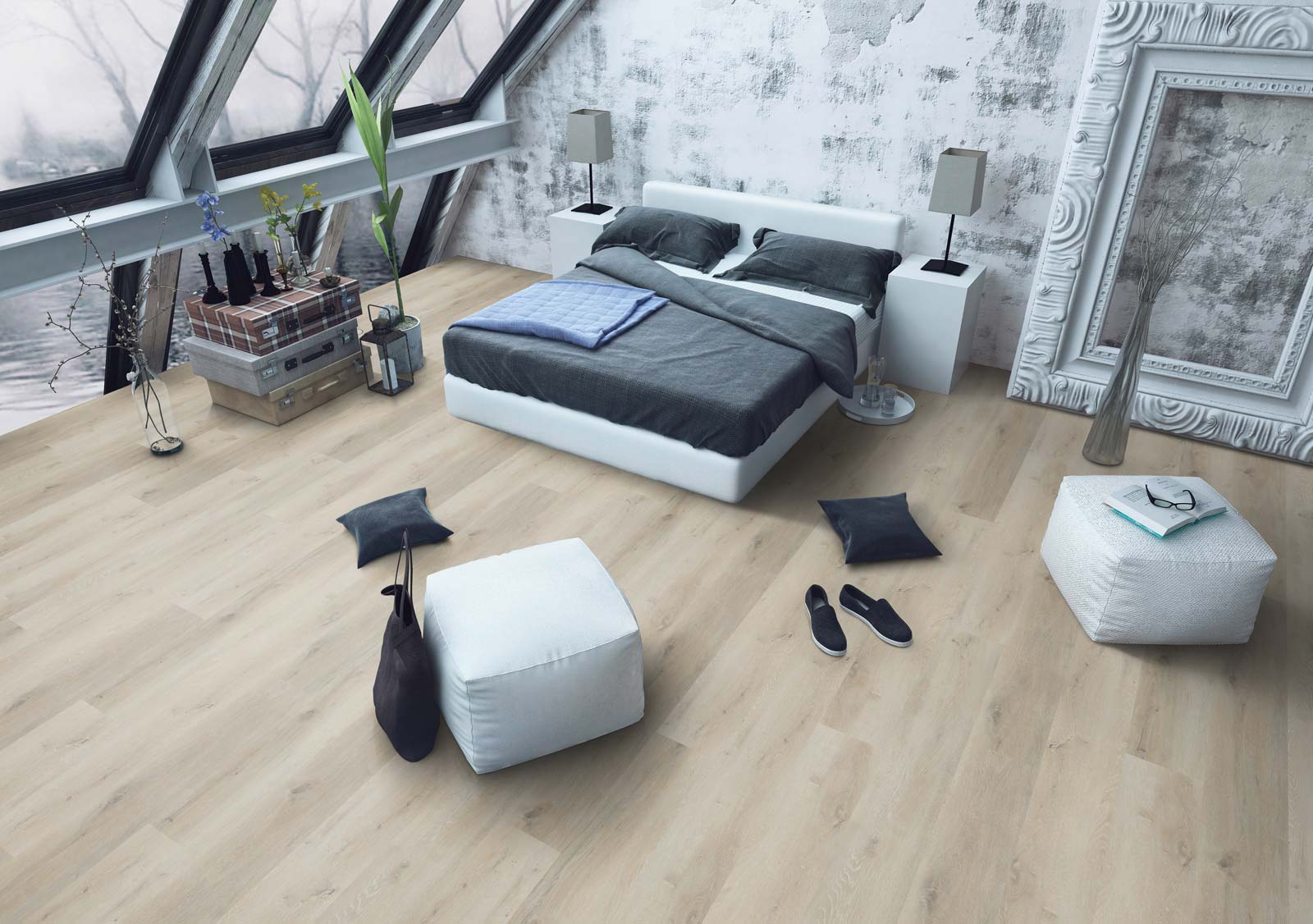 Skaben Design Rhino Click 30 XL Eiche Weiß Neuschwanstein Real Feel Landhausdiele XL M4V Trittschallmatte Raum3