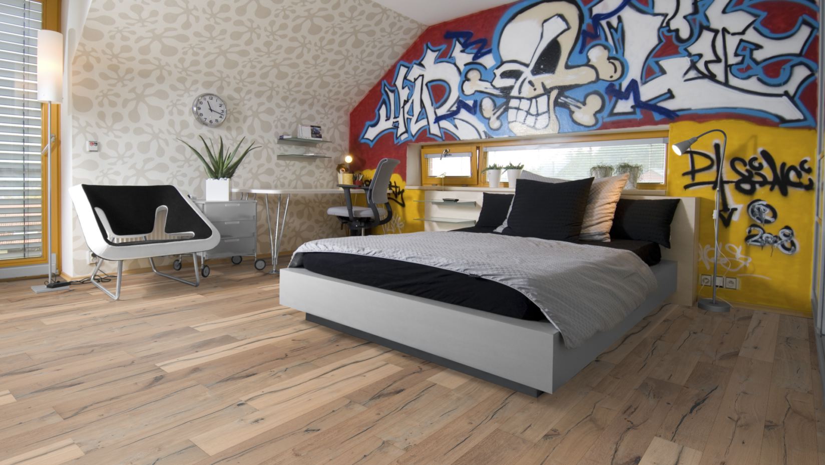 Skaben Parkett Premium Landhausdiele Eiche Alabama Tabakgrau Classic gebürstet neutral geölt 4V Raumbild 8