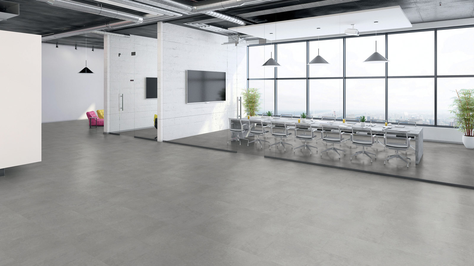 Tarkett Designboden iD Click Ultimate 55 Polished Concrete Indium Fliese 4V Akustikrücken Raum3