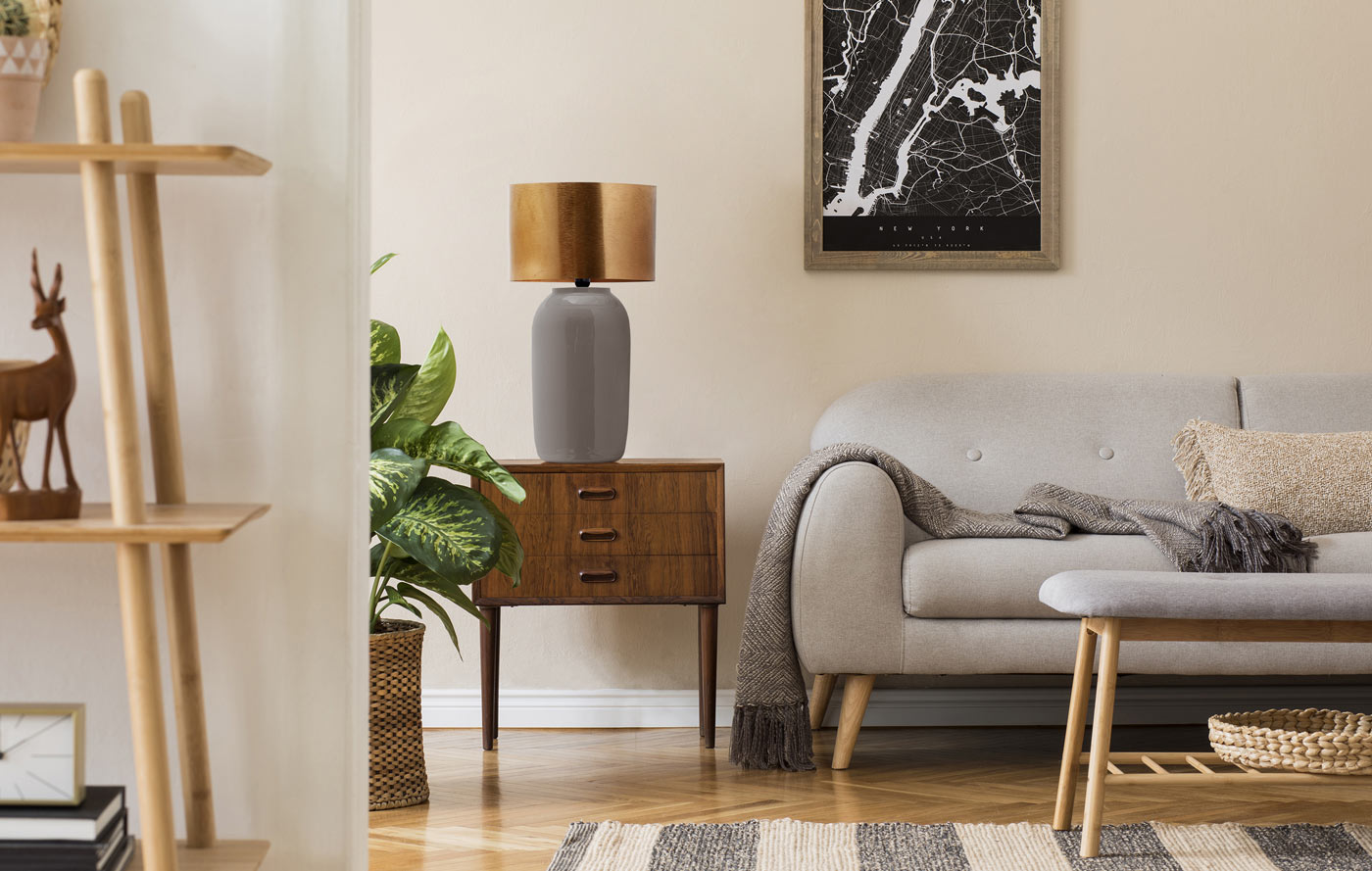 Tischlampe Benito im Extravagante Design in Farbe Grau / Gold aus Eisen handgefertigt Raum2