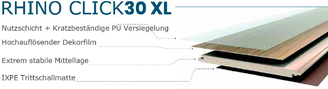 Skaben Design Rhino Click 30 XL Eiche Hell Schloss Breitenburg Real Feel Landhausdiele XL M4V Trittschallmatte Aufbau