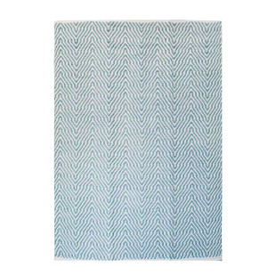 Baumwollteppich Handgewebt ART DECO Muster Türkis auf weißem Hintergrund Höhe 7 mm F