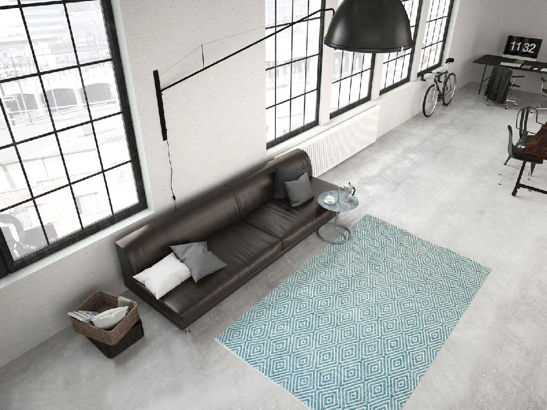 Baumwollteppich Handgewebt ART DECO Muster Türkis auf weißem Hintergrund Höhe 7 mm R