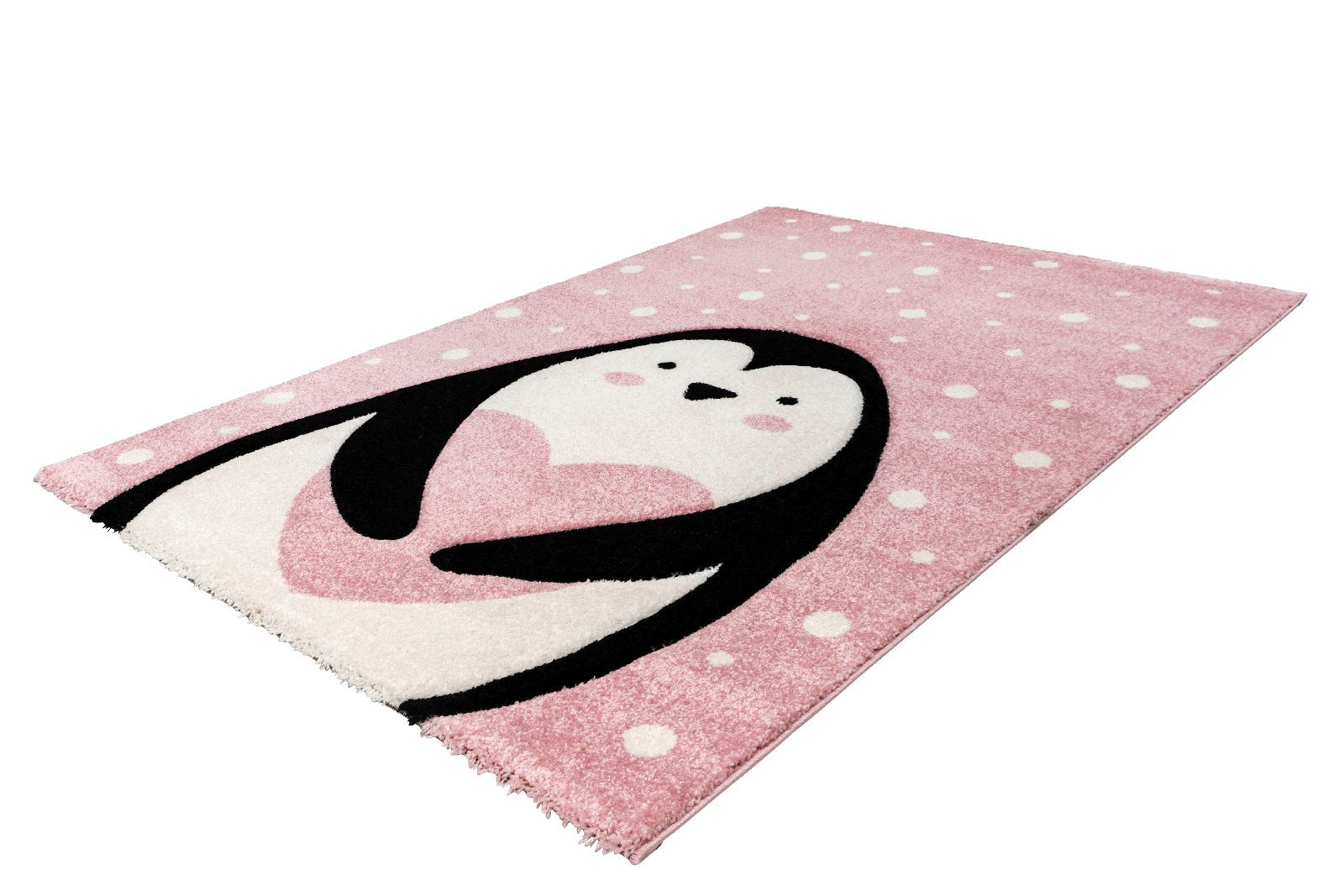 Kinderteppich PINGUIN auf Hintergrund Rosa weiß gepunktet Höhe 15 mm F2