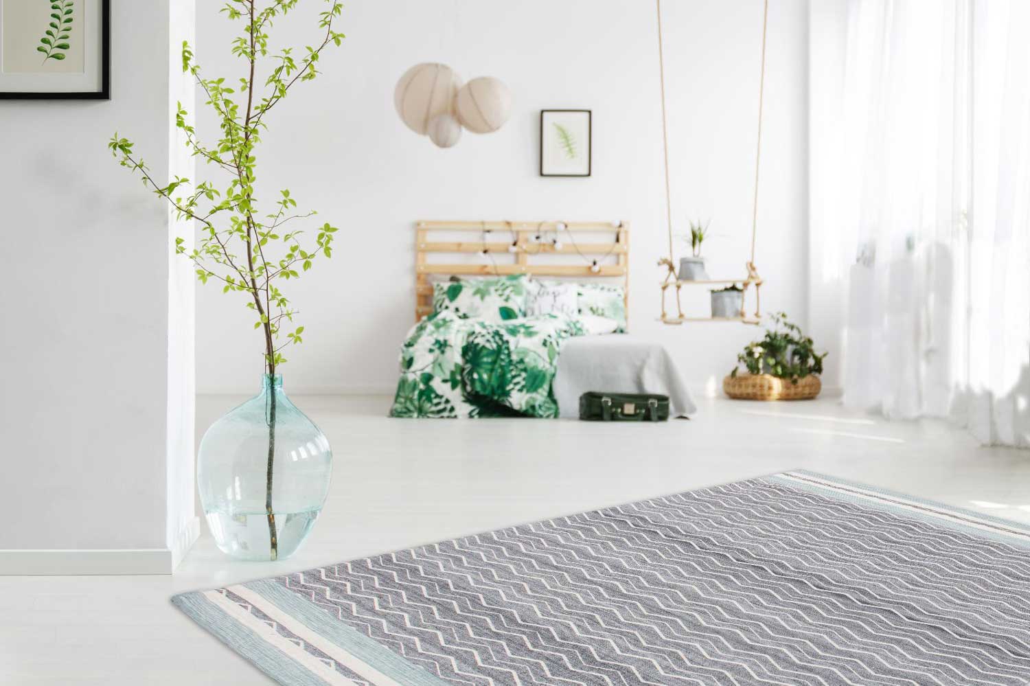 Kurzflorteppich Handgefertigt JACQUARD Wellenmuster Gezackt Blau / Grau Höhe 14 mm R