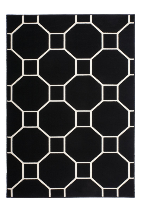 Kurzflorteppich Modern Schwarz mit Elfenbein QUADRAT UND ACHTECK Höhe 10 mm main product photo