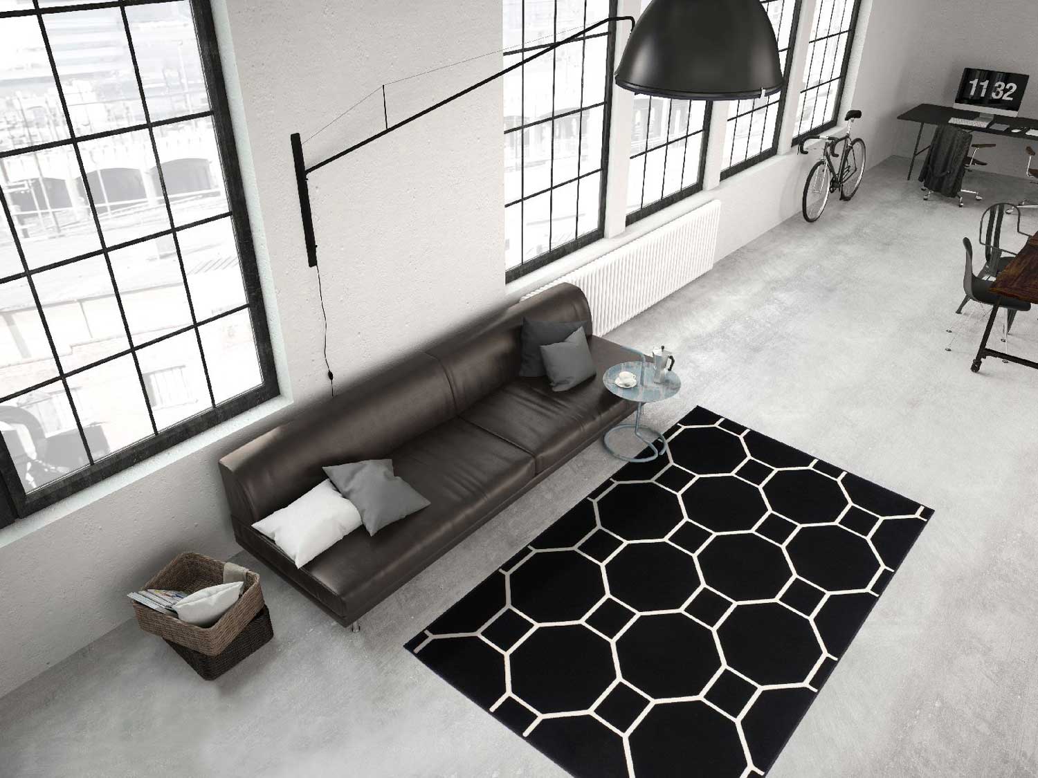 Kurzflorteppich Modern Schwarz mit Elfenbein QUADRAT UND ACHTECK Höhe 10 mm R