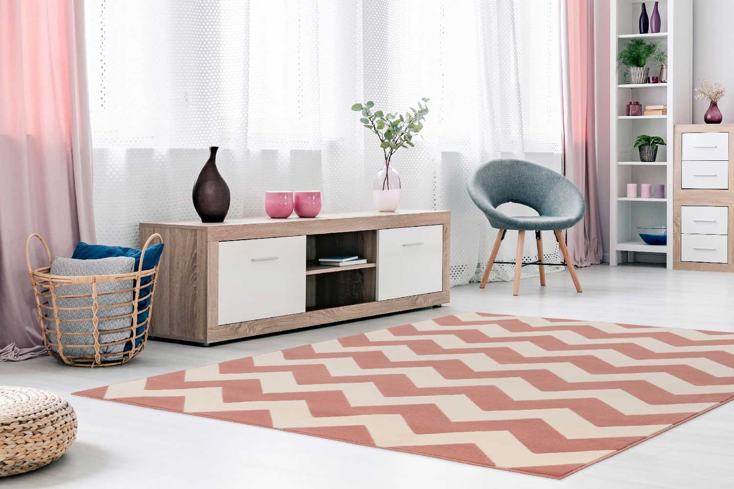 Kurzflorteppich Rosa und Elfenbein ZICKZACK Design Höhe 10 mm R