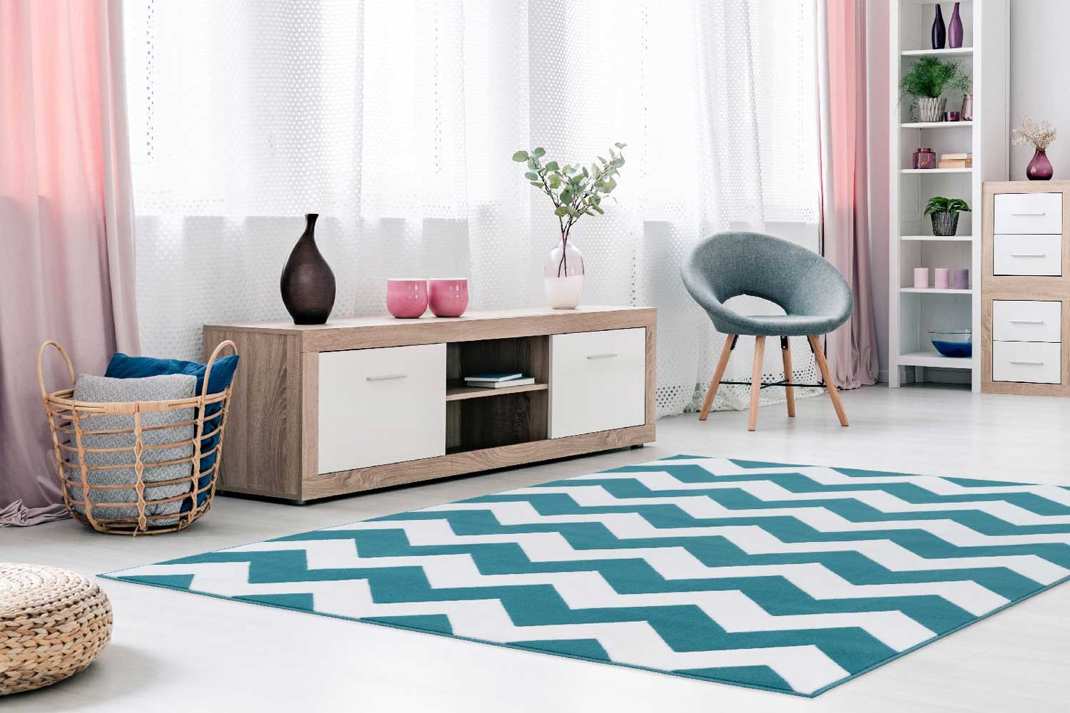 Kurzflorteppich Türkis und Elfenbein ZICKZACK Design Höhe 10 mm R