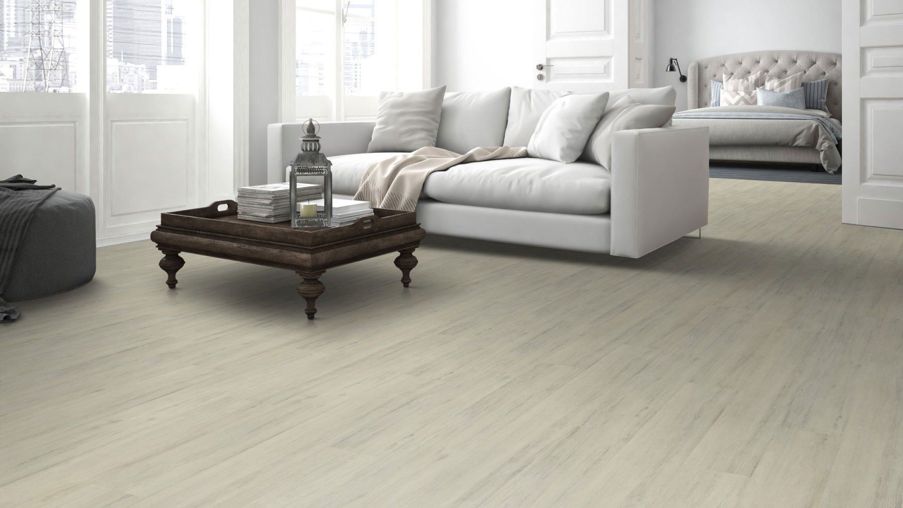 Skaben Vinylboden Design Rhino Click 55 Moderne Eiche Weiß 1-Stab Landhausdiele 4V Trittschalldämmung