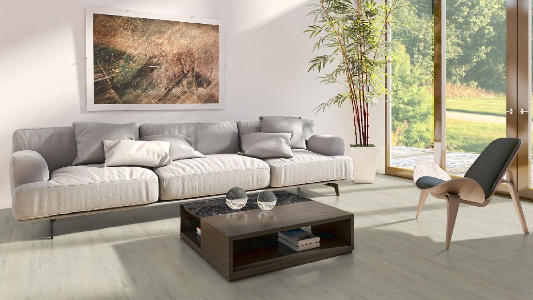 Skaben Vinylboden Design Rhino Click 55 Moderne Eiche Weiß 1-Stab Landhausdiele 4V Trittschalldämmung