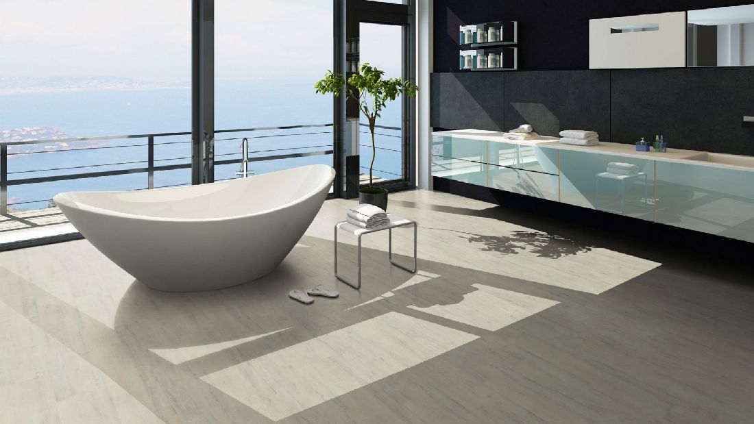 Skaben Vinylboden Design Rhino Click 55 Moderne Eiche Weiß 1-Stab Landhausdiele 4V Trittschalldämmung