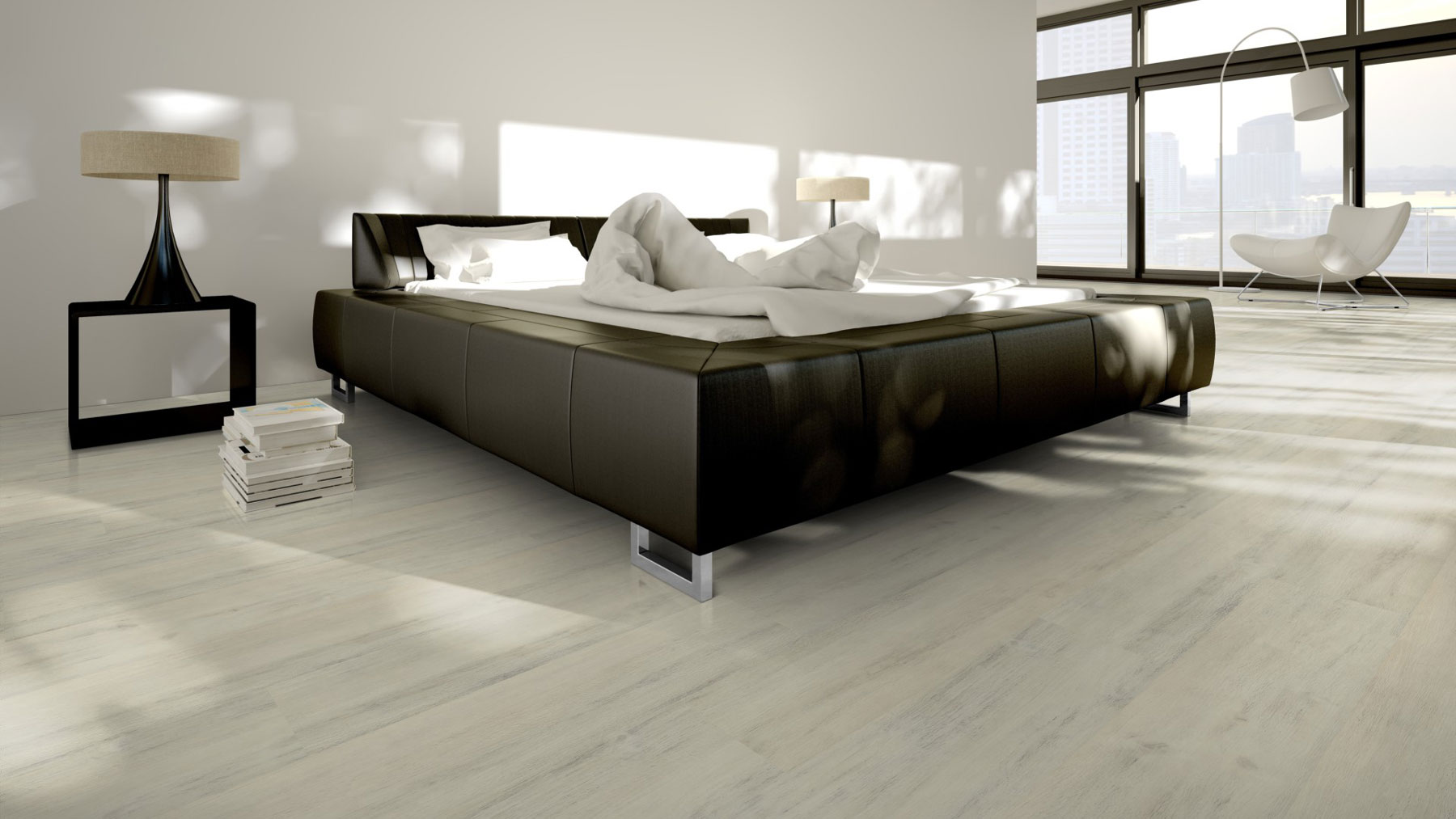 Skaben Vinylboden Design Rhino Click 55 Moderne Eiche Weiß 1-Stab Landhausdiele 4V Trittschalldämmung