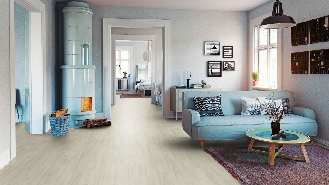 Skaben Vinylboden Design Rhino Click 55 Moderne Eiche Weiß 1-Stab Landhausdiele 4V Trittschalldämmung