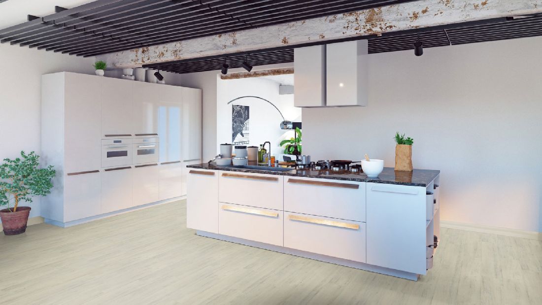 Skaben Vinylboden Design Rhino Click 55 Moderne Eiche Weiß 1-Stab Landhausdiele 4V Trittschalldämmung