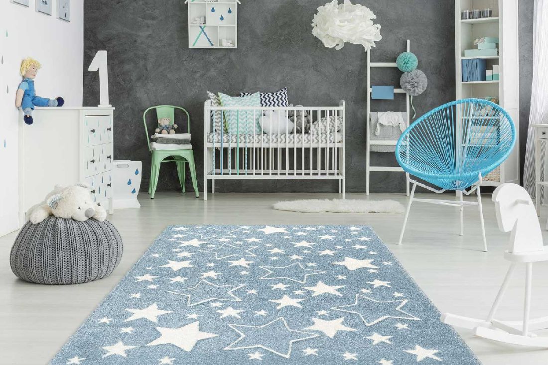 Teppich Weiße STERNE auf blauem Hintergrund Höhe 15 mm R