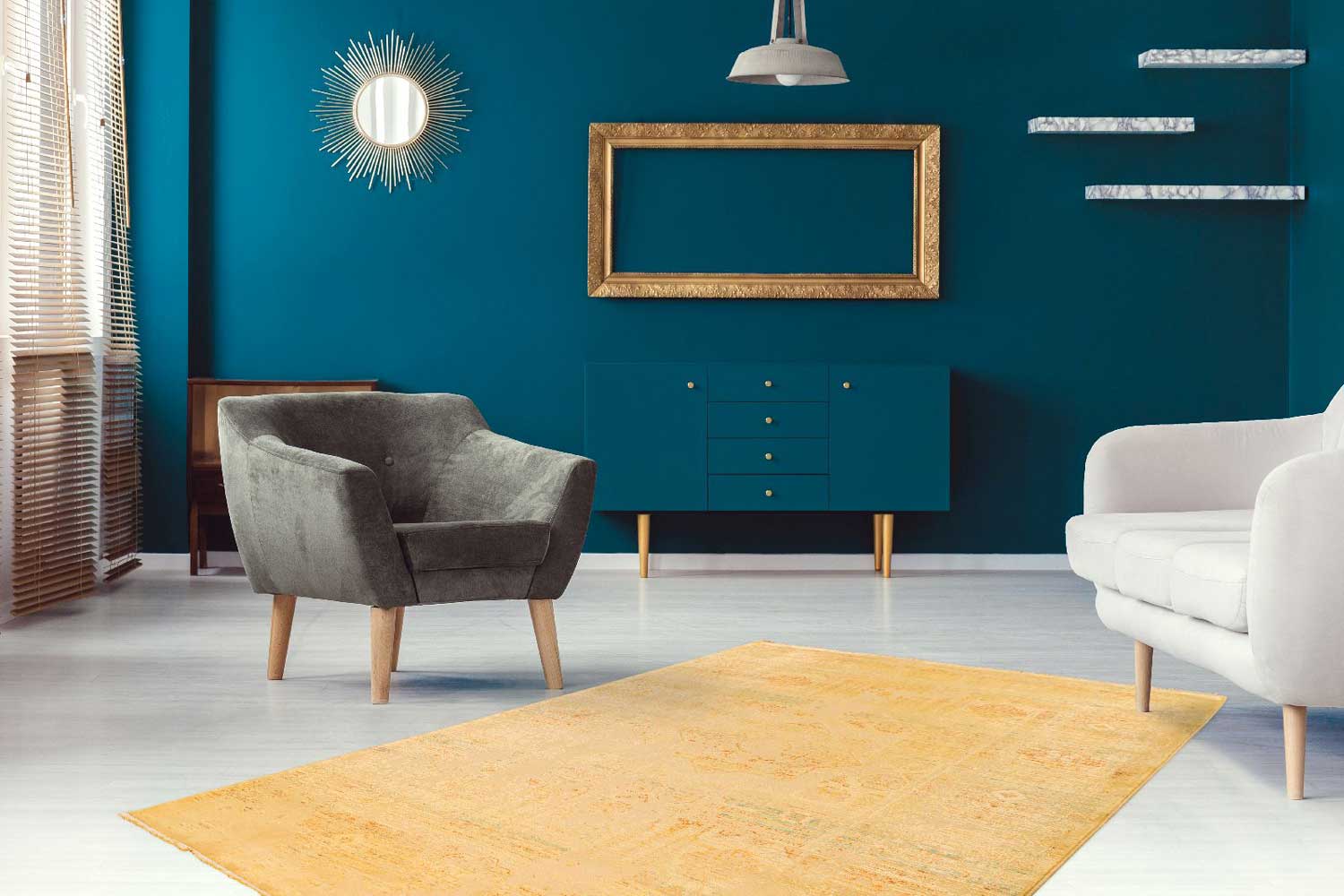 Vintage Flachflorteppich ORIENT GELB in Used Look mit hoher Webdichte Höhe 8 mm R