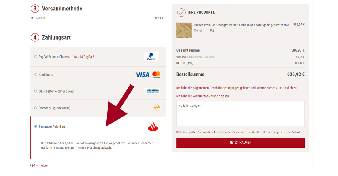 Santander Ratenkredit Darstellung im Warenkorb