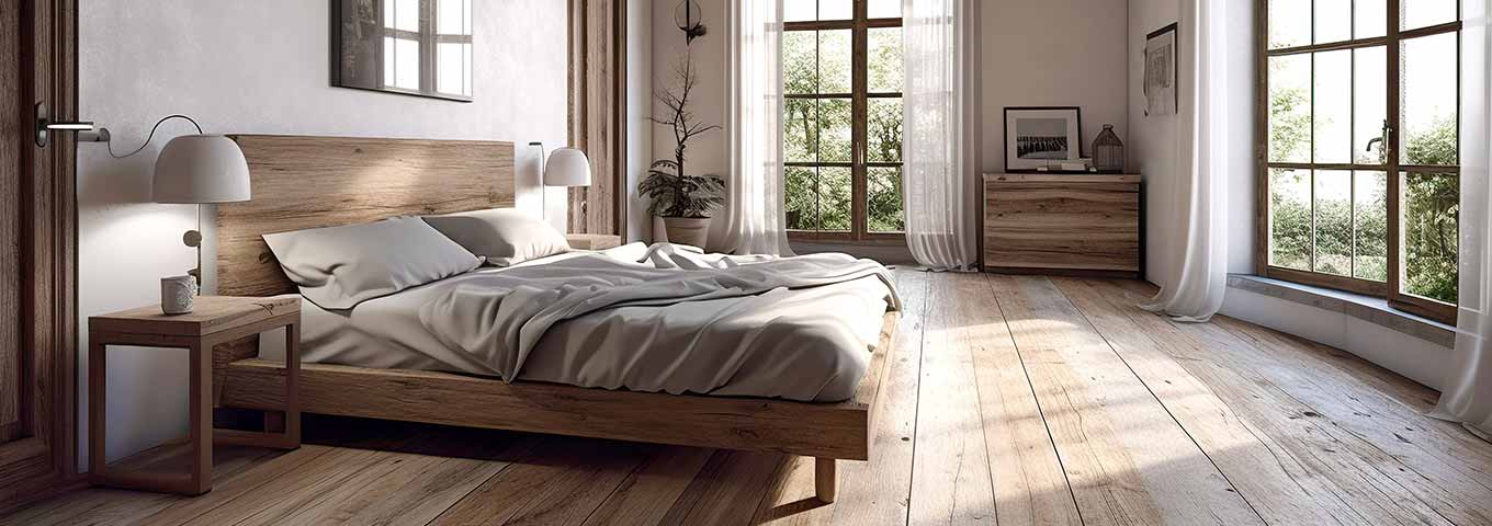 Parquet brossé dans une chambre à coucher marron beige