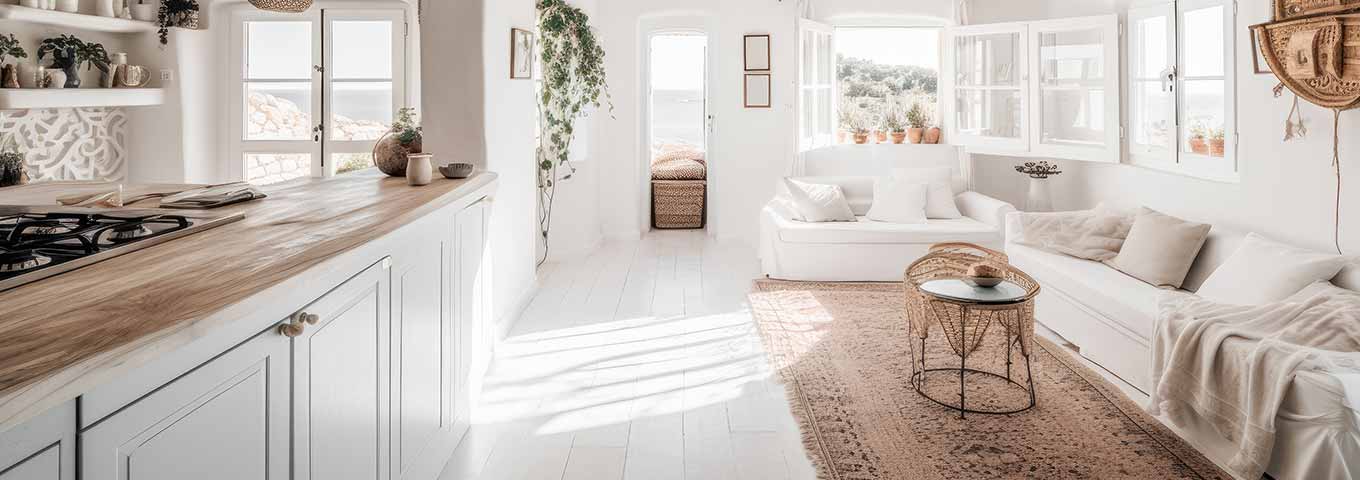 Parquet à planches larges à l'ancienne blanc dans la cuisine