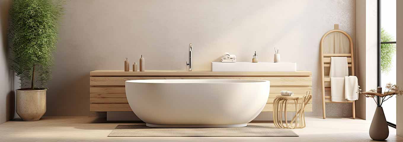 Sol vinyle couleur miel dans la salle de bains adapté aux pièces humides